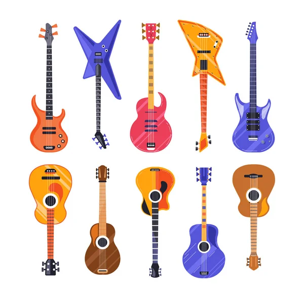 Guitarras instrumentos musicales eléctricos y acústicos objetos aislados — Vector de stock