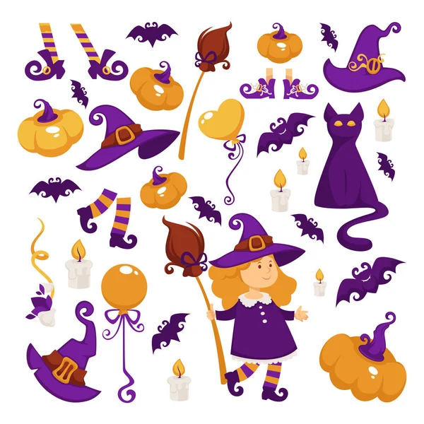 Halloween fête costume sorcière et citrouilles fille enfant — Image vectorielle