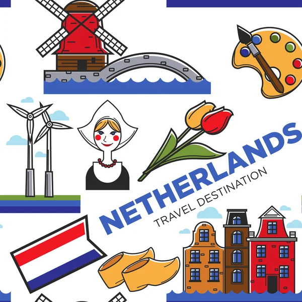 Netherlands national symbols seamless pattern travel to Holland — Stock Vector