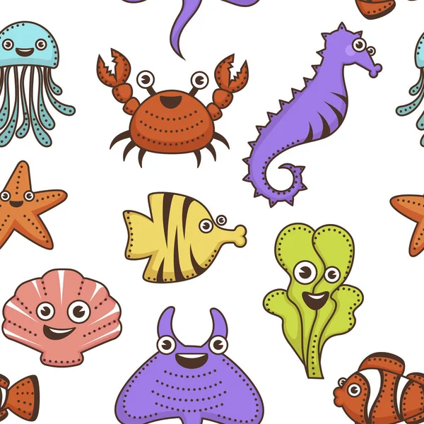 Animaux sous-marins et créatures marines végétales modèle sans couture — Image vectorielle