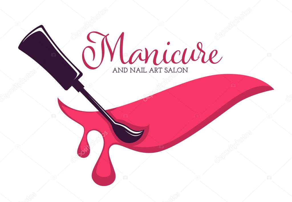 Beauty salon nail and hand care isolated icon nail polish or varnish brush vector color splash manicure and pedicure skincare fingernails and toenails spa procedures emblem or logo with lettering.