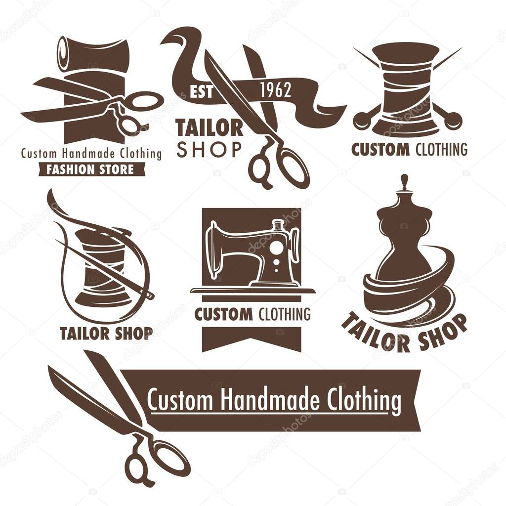 Scissors and thread mannequin and sewing tools and custom handmade clothing vector isolated icons needle pin and button emblem or logo clothes repairing and designer tailor service shop or store.