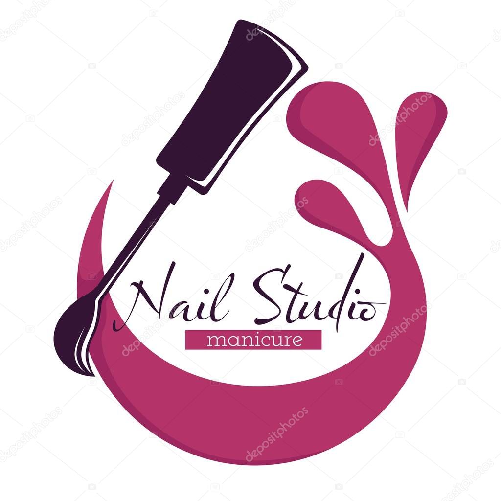 Beauty salon nail and hand care isolated icon nail polish or varnish brush vector color splash manicure and pedicure skincare fingernails and toenails, spa procedures emblem or logo with lettering