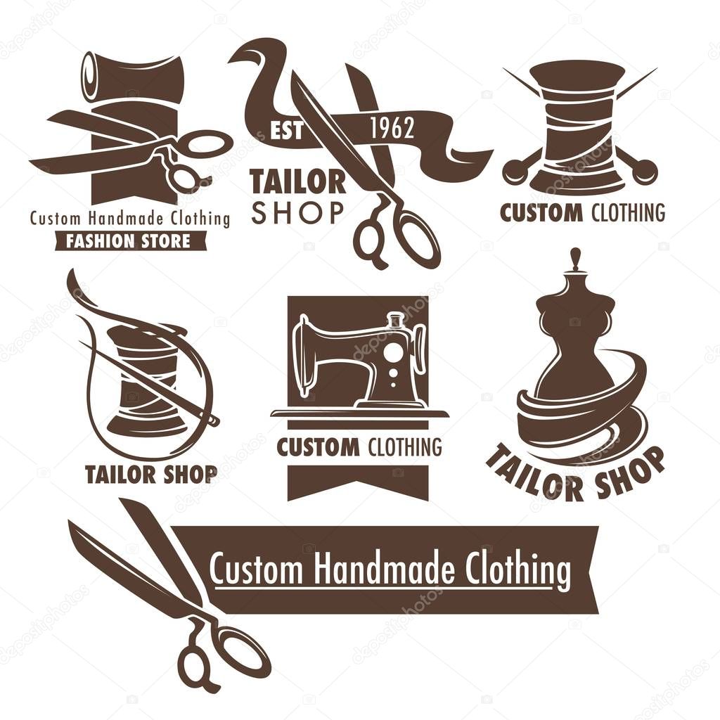 Scissors and thread mannequin and sewing tools and custom handmade clothing vector isolated icons needle pin and button emblem or logo clothes repairing and designer tailor service shop or store.