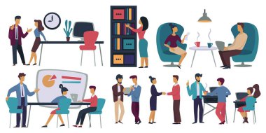 Ofis çalışanları iş toplantısı ve kahve molası yalıtılmış karakterler