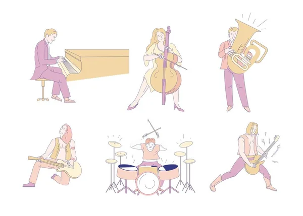 Concert musical rock musiciens et musiciens d'orchestre personnages isolés — Image vectorielle