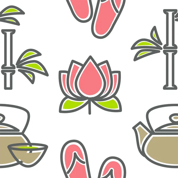 Güzellik ve spa lotus ve bambu çaydanlık ve fincan sorunsuz desen — Stok Vektör
