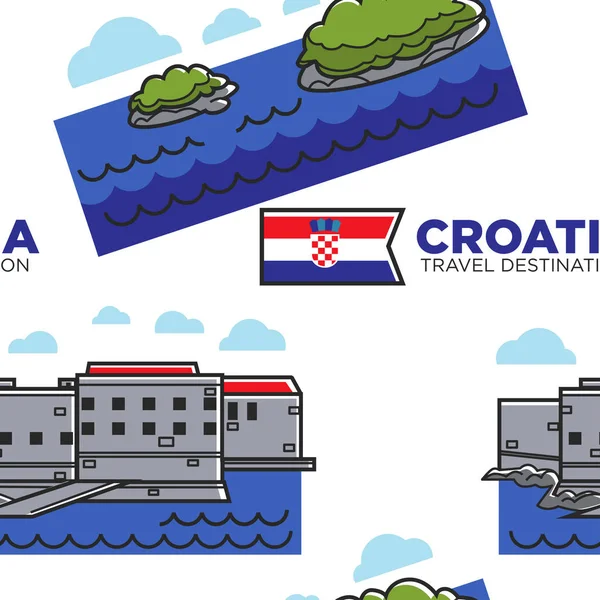크로아티아 여행 목적지 원활한 패턴 아키텍처 자연과 플래그 — 스톡 벡터