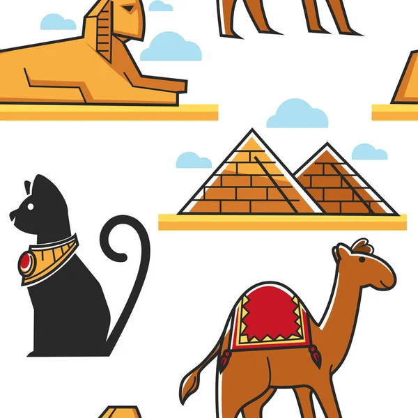 Egypt seamless pattern Pyramid and Sphinx cat and camel — Stock Vector