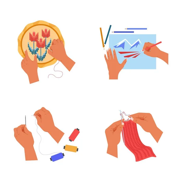 Handwerk menselijke handen of palmen borduren en tekenen naaien en breien — Stockvector