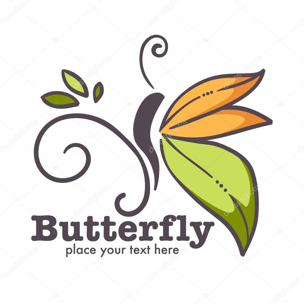 Corporate identity template butterfly insect on branch isolated icon vector wings beauty salon, emblem or logo wild flying animal on twig cosmetic brand fashion and fitness club symbol with lettering