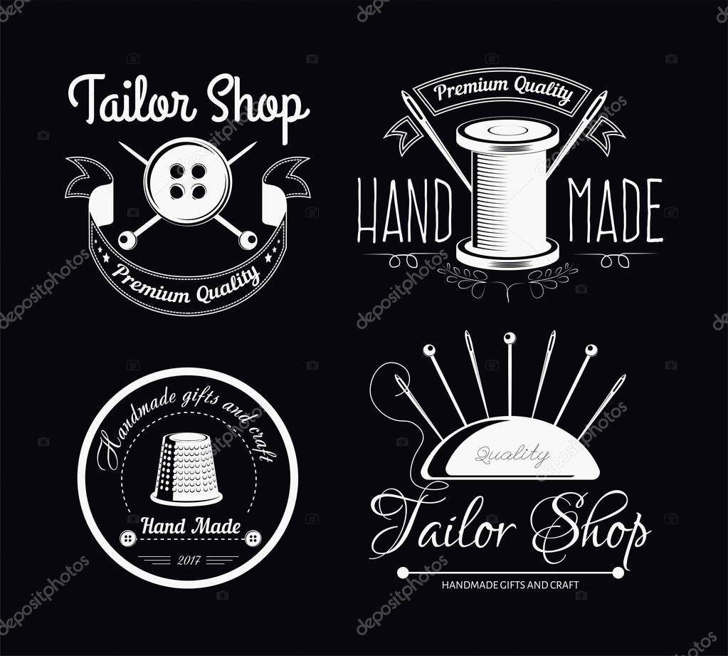 Tailor shop isolated icons sewing tools tailoring and clothes repairing vector needles or pins, button and thread coil monochrome emblems or logo seamstress service and designer clothing handmade craft