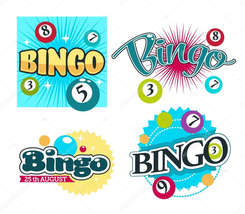 Gambling equipment balls with numbers bingo game isolated icons vector playing and winning money guessing and luck entertaining event emblem, or logo with lettering digits combination and lucky ticket