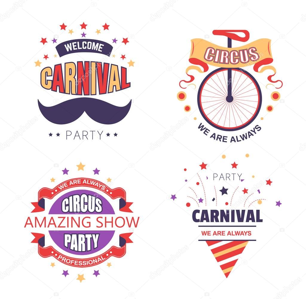 Carnival party and circus show isolated icons vector fair ground mustache and unicycle festive hat and ribbon fireworks entertainment stage, performance equipment emblem or logo weekend amusement