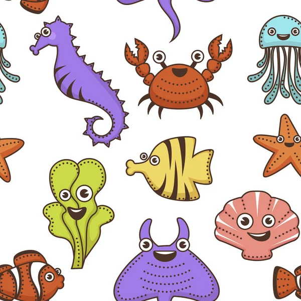 Hippocampe et crabe méduses et algues personnages mignons dessin animé — Image vectorielle