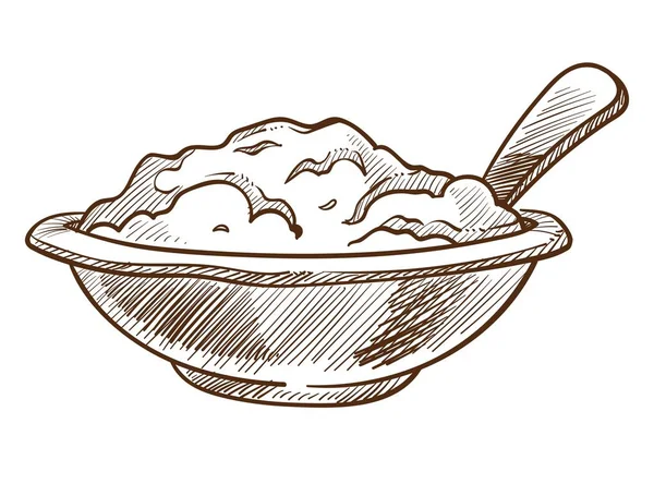 Porridge dans un bol avec cuillère croquis isolé saine nutrition — Image vectorielle