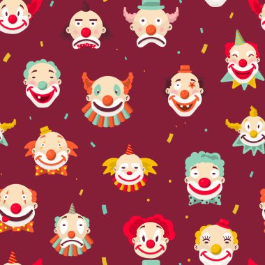 Circus clowns faces seamless pattern jokers with makeup clipart