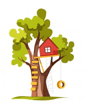 Merdiven ve salıncak oyun alanı veya arka bahçesinde izole bitki ile ağaç üzerinde Ev