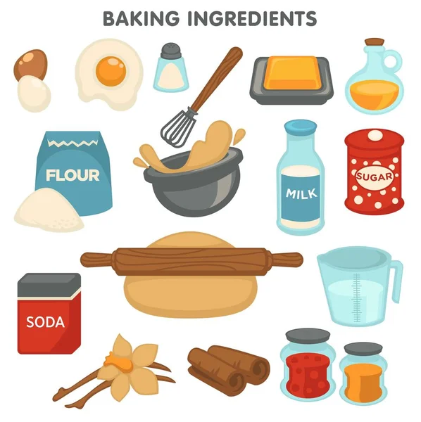 Cozimento ingredientes alimentos e cozinha itens de cozinha objetos isolados —  Vetores de Stock