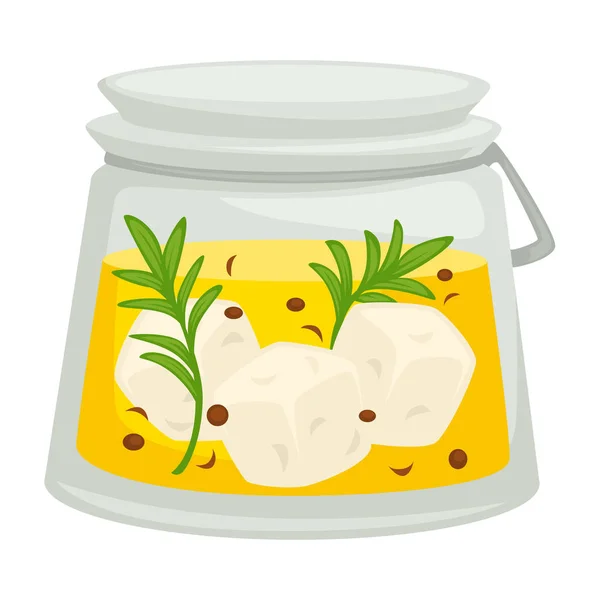Zeytinyağı çanak biberiye ve beyaz peynir küpleri izole konteyner — Stok Vektör