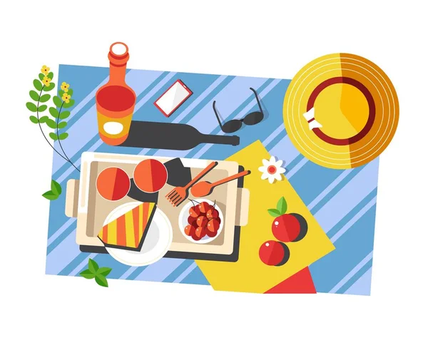 Comida y bebida de picnic de verano en gafas de sol y sombrero de manta — Vector de stock