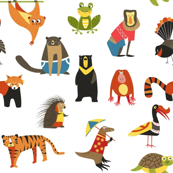 Wild Asian animals and birds seamless pattern wildlife — Stock Vector