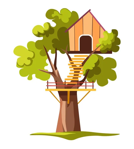 树或树屋的房子与梯子和阳台隔离对象 — 图库矢量图片