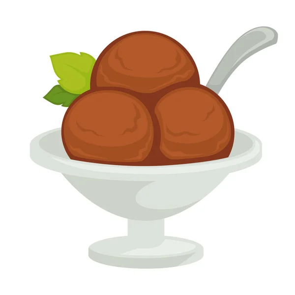 숟가락과 민트와 그릇에 초콜릿 아이스크림 공 — 스톡 벡터