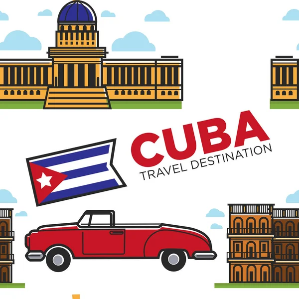 Symboles cubains voiture et architecture cabriolet et bâtiment motif sans couture — Image vectorielle