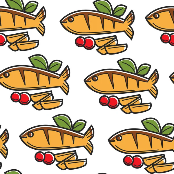 海鲜塞浦路斯美食鱼和土豆无缝模式 — 图库矢量图片