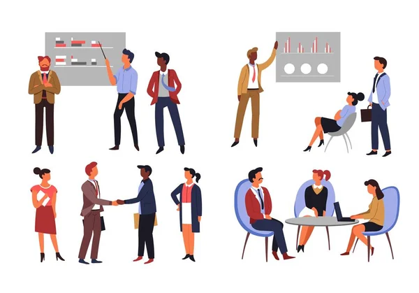 Employés de bureau graphiques d'entreprise réunions et conférences patron et employé — Image vectorielle