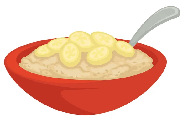 Bubur dengan sereal pisang dalam mangkuk dengan sendok oatmeal hidangan terpencil - Stok Vektor