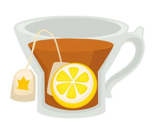 Zitrone trinken schwarzer Tee Packung in Tasse isoliert Heißgetränk — Stockvektor