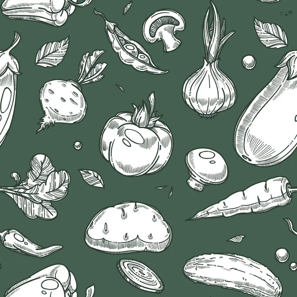 Alimentación y verduras vegetales orgánicos patrón sin costuras en verde — Archivo Imágenes Vectoriales