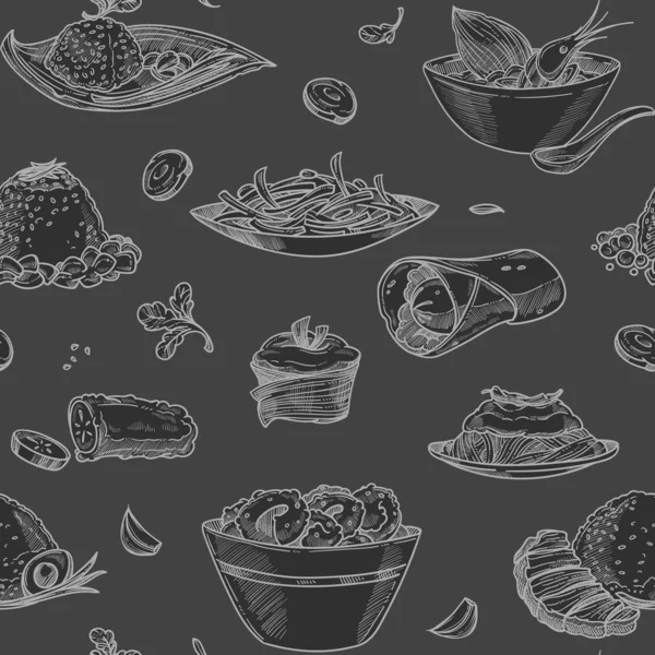 Burrito de viande et salade de fruits de mer avec motif de crevettes — Image vectorielle