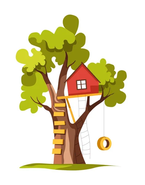 Casa en árbol con escalera y columpio patio o patio trasero planta aislada — Vector de stock