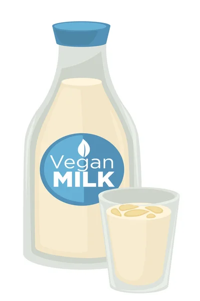 Vegan milk vegetarian dairy product in bottle and cup — Stock Vector