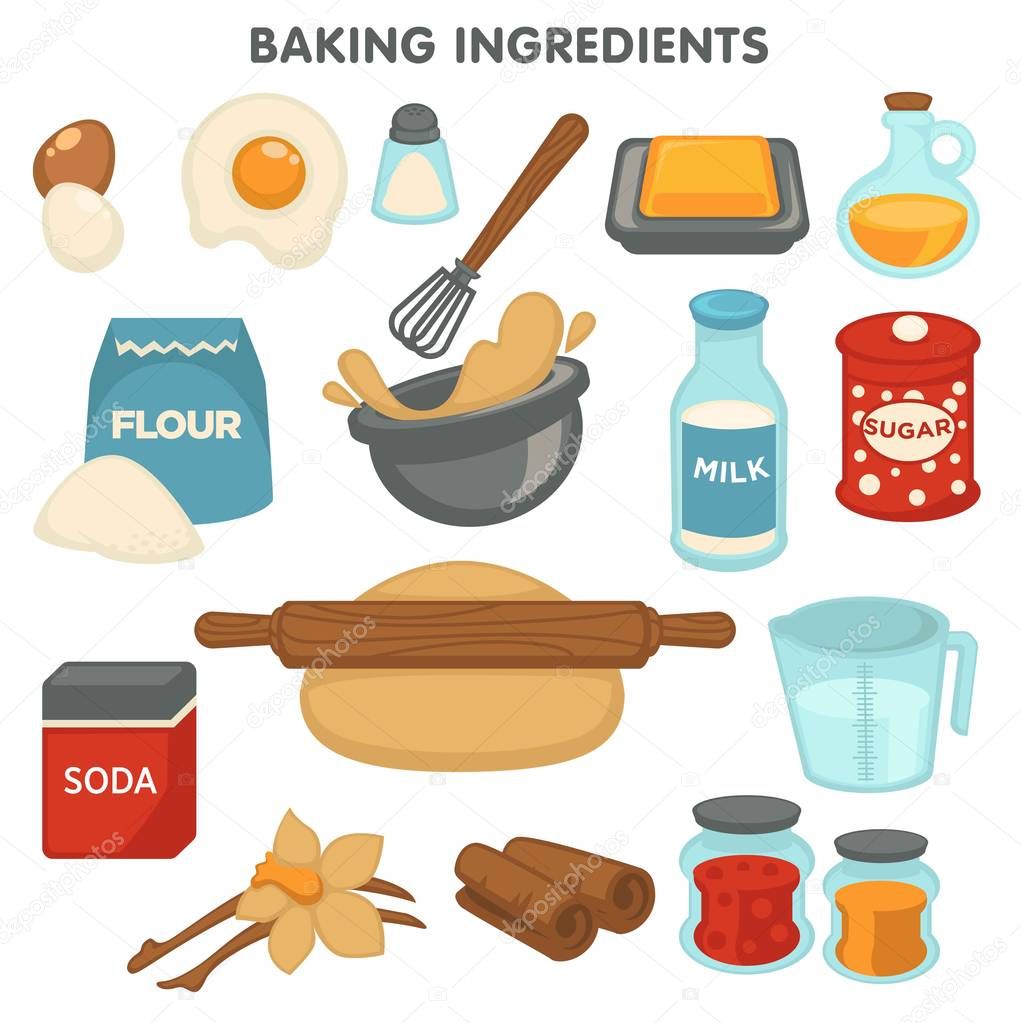 Baking ingredients food and cooking kitchen items isolated objects