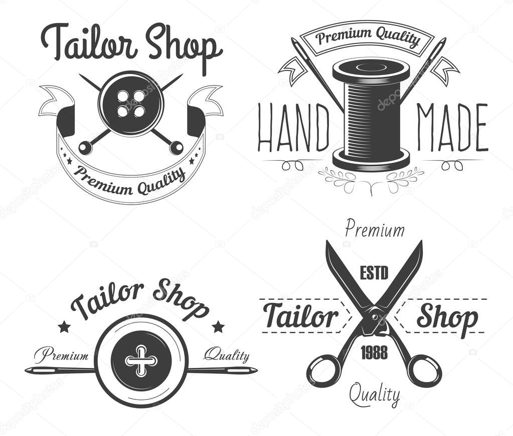 Tailor shop isolated icons sewing tools tailoring and clothes repairing vector scissors and needles pins and button thread coil emblems, or logo seamstress service and designer clothing handmade craft