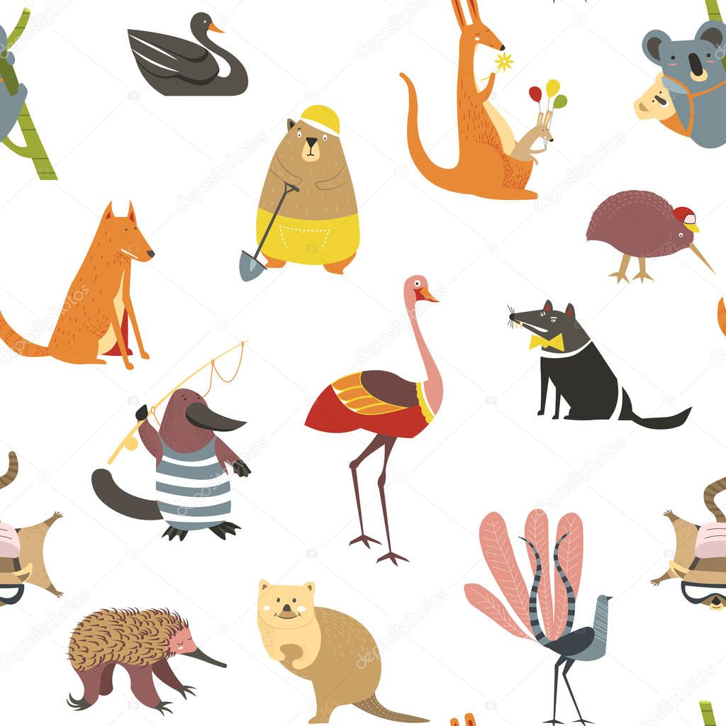 Wild Australian animals and birds seamless pattern wildlife