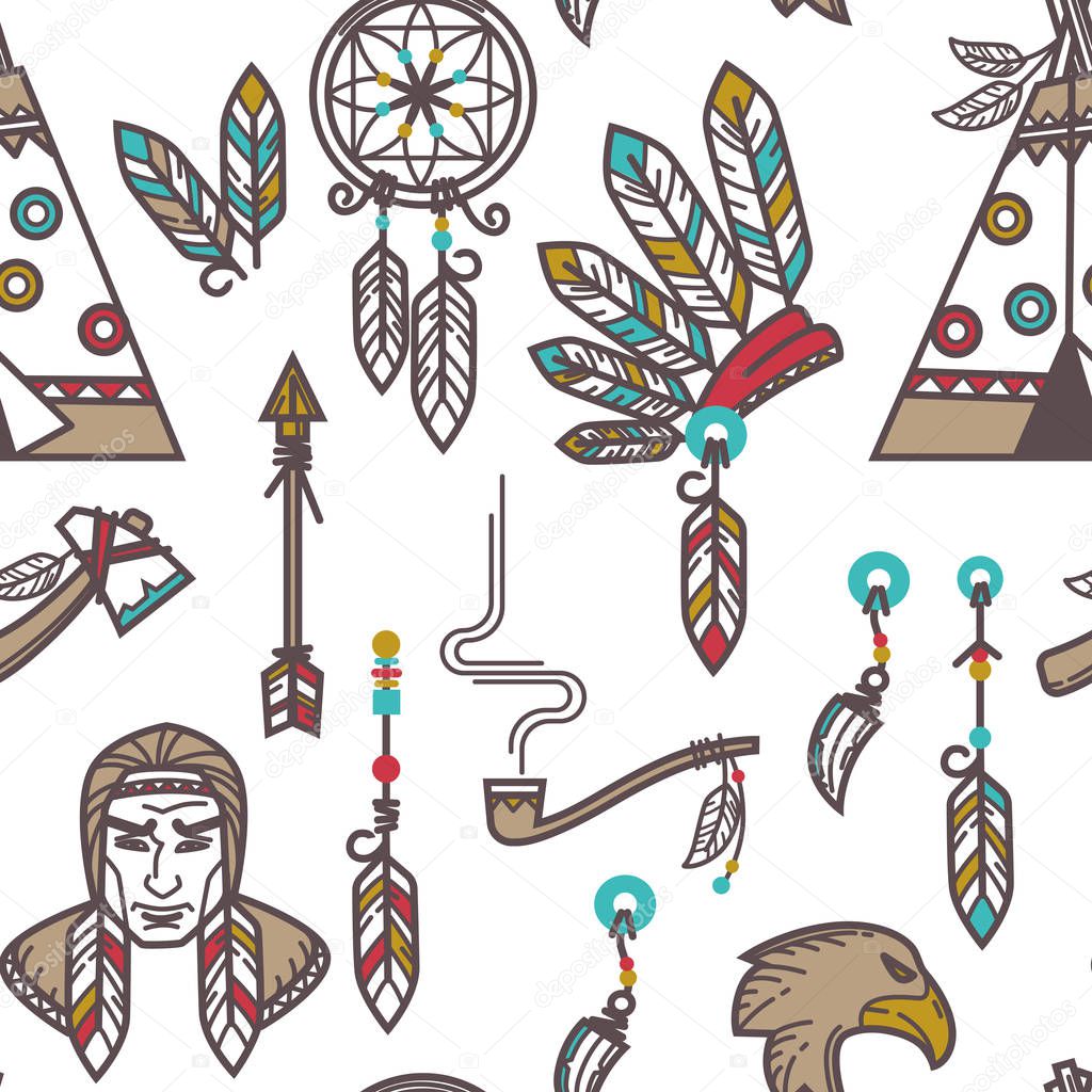 Indian tribe items American native Indians seamless pattern