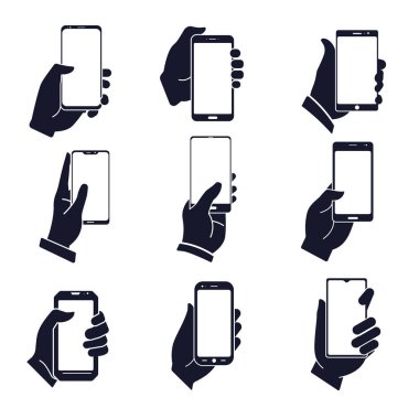 Akıllı telefon el izole siluetler, mobil cihaz ve el pozisyonu