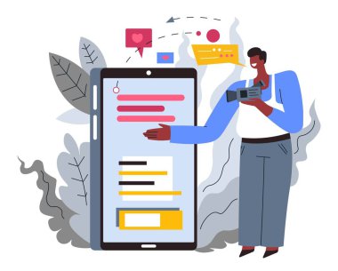 Adam mobil cihaz, video kamera ile blogger üzerinde inceleme yapma