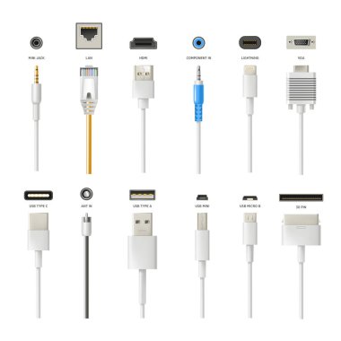 Plugs and wires isolated icons, connectors, modern technologies clipart