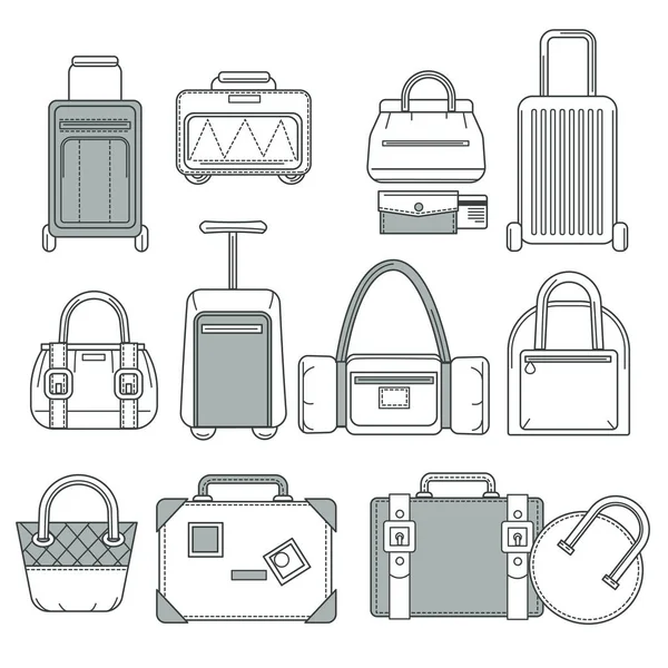 Bőrönde vagy kézitáska, táska vagy valise, utazás poggyász elszigetelt tárgyak — Stock Vector