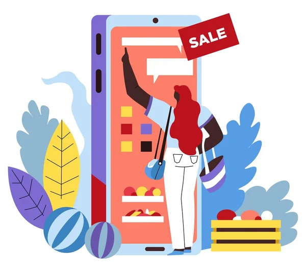 Online alışveriş, mobil uygulama ve kadın müşteri, sipariş ve teslimat — Stok Vektör