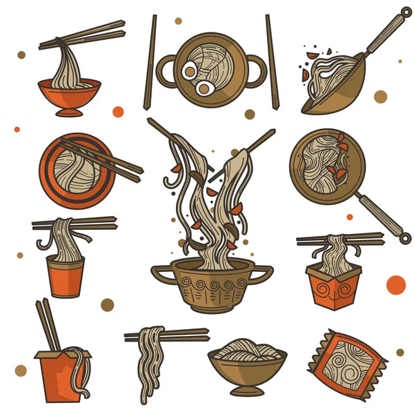 Китайська кухня, локшина в миску або упаковці з паличками, ізольовані — стоковий вектор