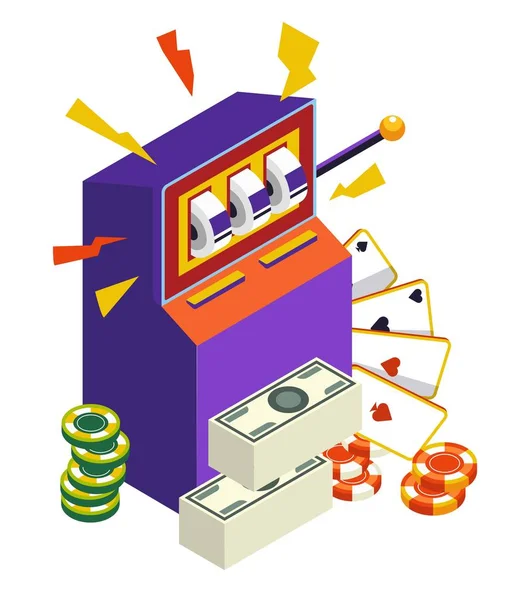 Slot machine and play cards, casino and gambling, money and poker chips — Stock Vector