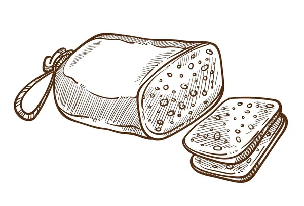 Tranches de saucisses fumées croquis isolé, produits carnés et boucherie — Image vectorielle