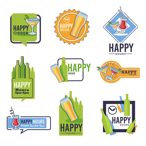 Bar happy hour isolated icons, beer and cocktails, alcohol drinks — Stock Vector